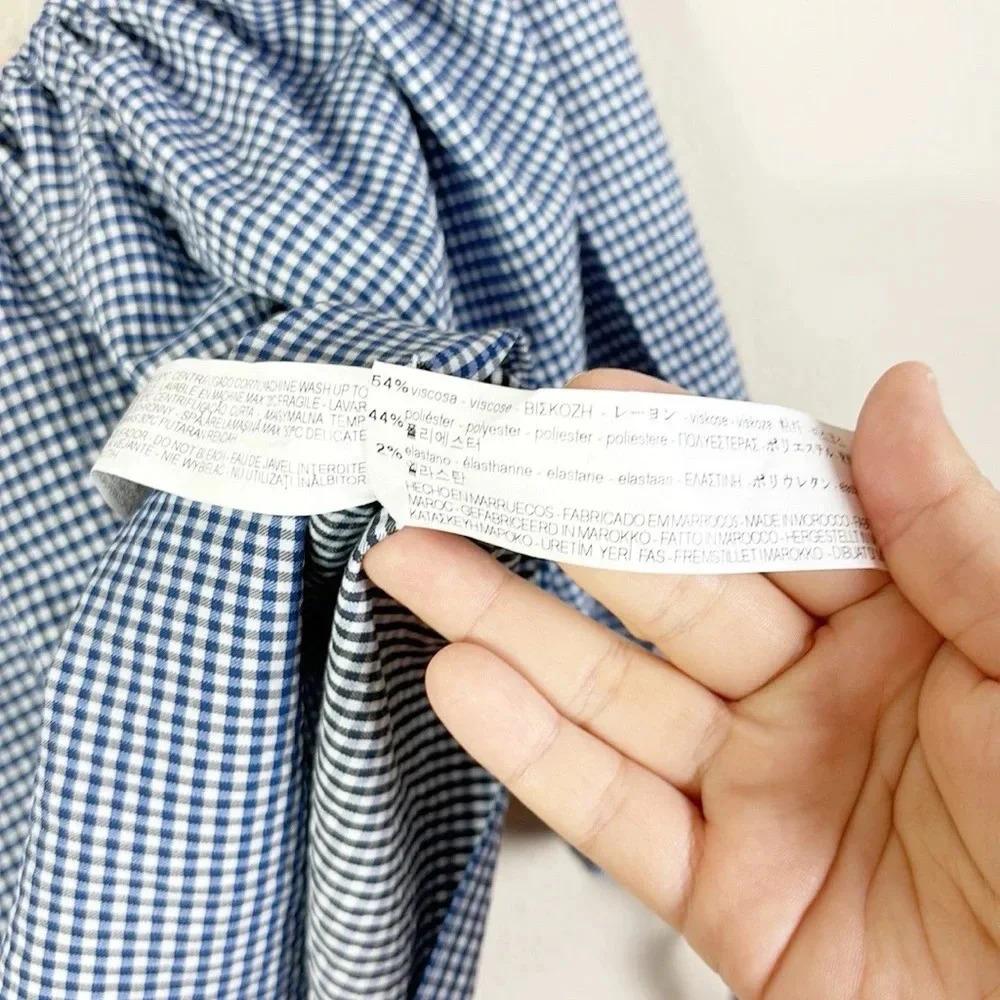 Zara Gingham Checkered Blue White Off Shoulder Cropped Top Tie Sleeves size XS - Picture 6 of 10